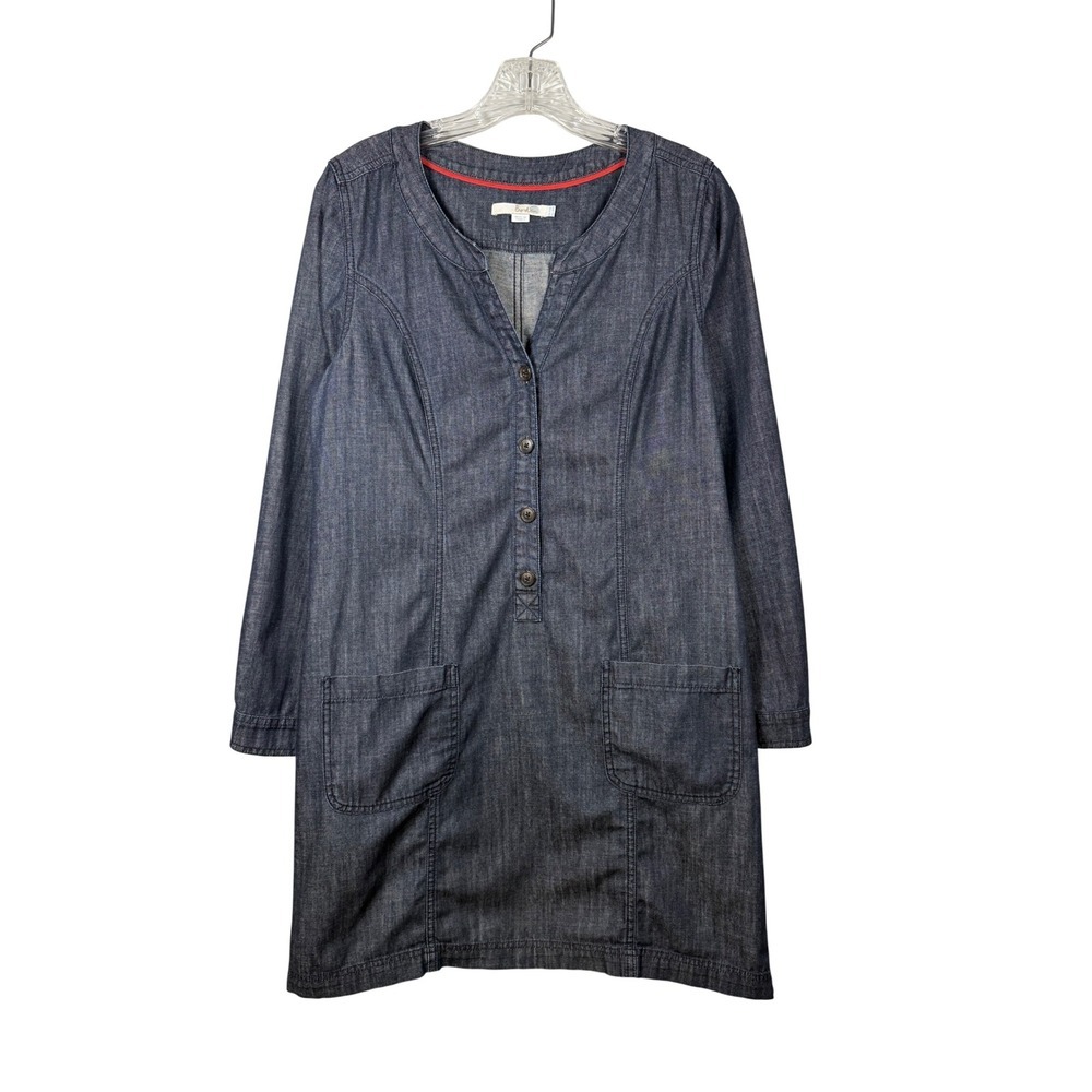 BODEN Dark Wash Chambray Shift Dress Long Sleeves, Partial Button Front, Size 8R
